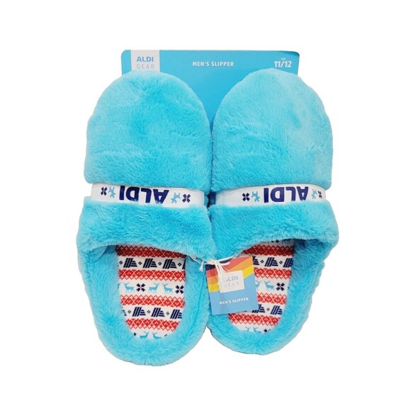 ALDI GEAR 2023 Men's Ltd Ed Holiday Faux Fur Plush Blue Logo Slippers Size 11/12 - Picture 4 of 10